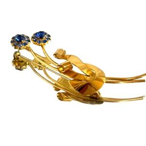 CORO‎ Vintage Gold Tone Floral Brooch Sapphire Blue Rhinestone Flower Pin